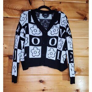 JUST POLLY Black & White Flower LOVE Oversized Knit Cardigan Size Small